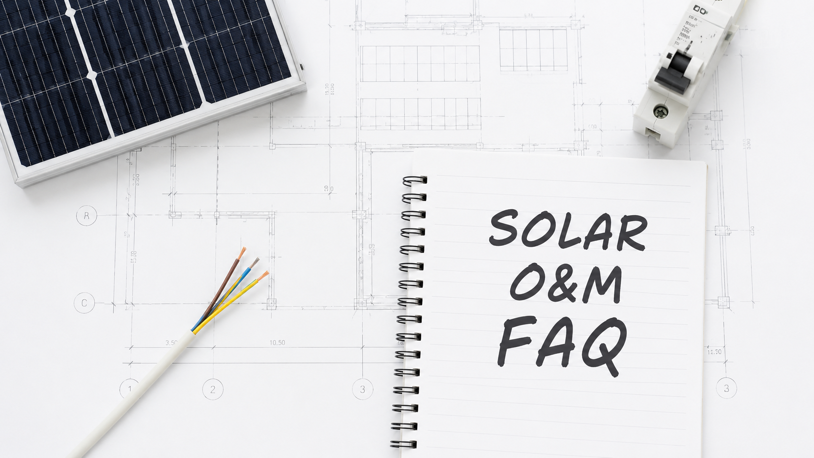 Vận hành và bảo trì hệ thống điện mặt trời doanh nghiệp: Quy trình O&M toàn diện 13 Sổ ghi chú Solar O&M FAQ đặt cạnh tấm pin, dây điện và thiết bị bảo vệ